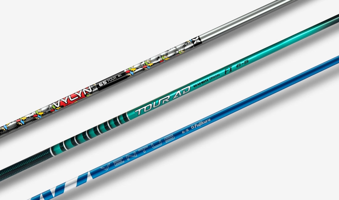 Three premium golf shafts featuring Ventus, Tour AD, and Vylyn designs.