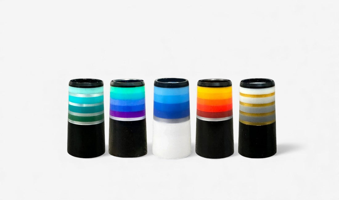 Set of multi-color custom golf ferrules for irons and wedges.