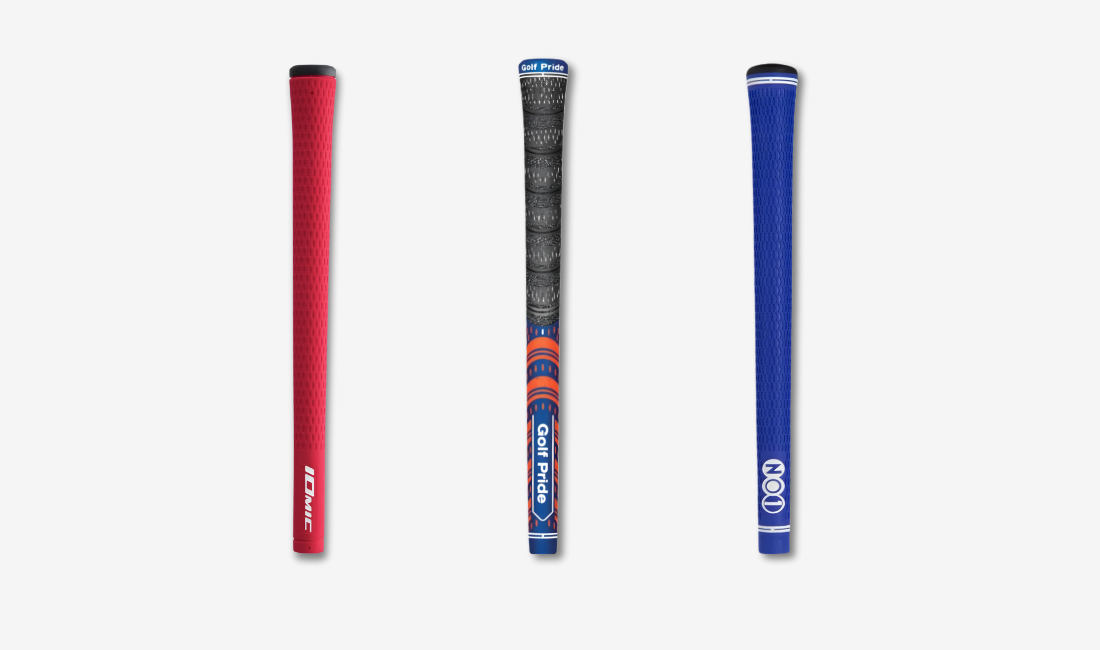 Three premium golf grips from Iomic, Golf Pride, and NO1.